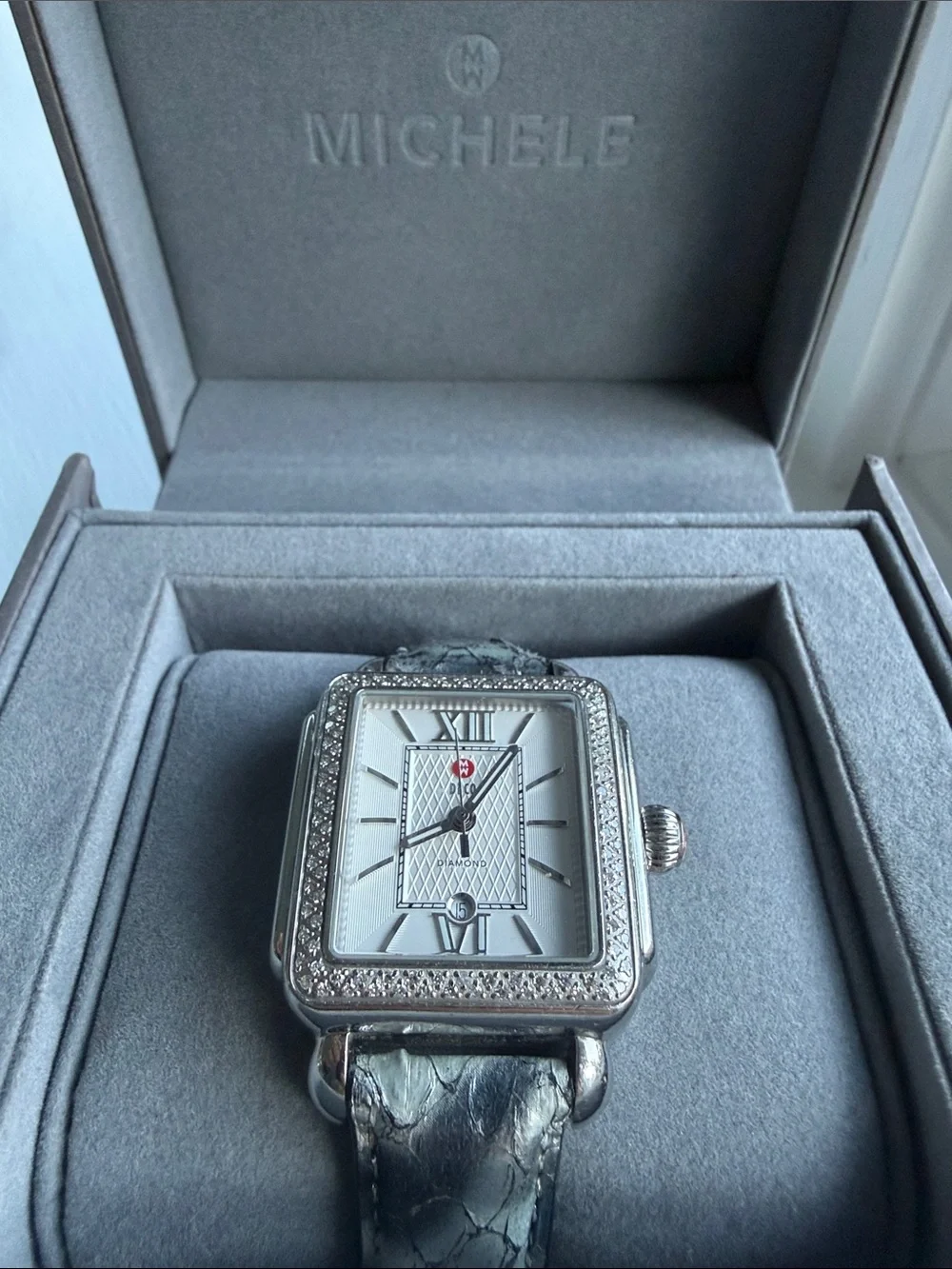 Michele Deco Square Diamond Bezel Watch with Grey Strap 108 diamonds .60